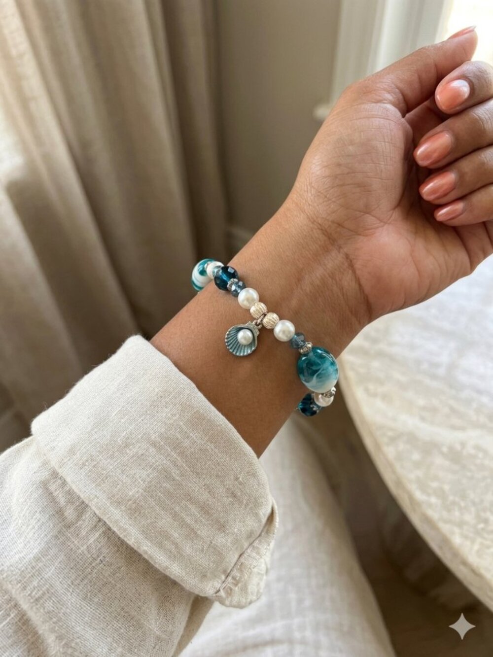 Designs by Forte Aqua Swirl & Pearl Shell Charm Stretch Bracelet